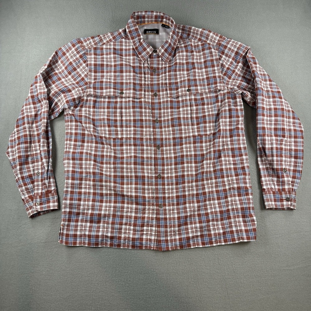 Orvis Mens Large Red Blue Plaid Long Sleeve Hiking Fishing Shirt Vent Mesh